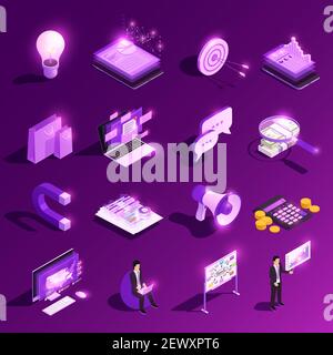 Marketing concept isometric glow icon set of isolated neon symbols and financial pictograms with human characters vector illustration Stock Vector