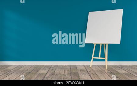 Wooden easel with a blank canvas in a turquoise room with space for text on the wall, 3d rendering Stock Photo
