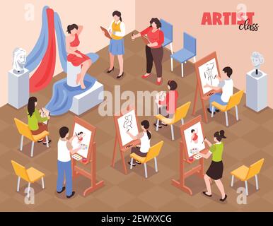 Artist class with students near easels with palettes and model in red clothing isometric vector illustration Stock Vector
