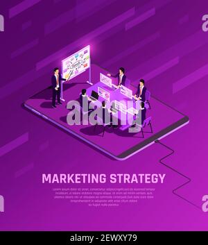 Marketing concept isometric glow composition with businessmen characters having presentation in meeting room with editable text vector illustration Stock Vector