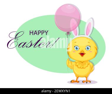 Cute little chick wearing rabbit ears mask and holding balloon. Happy Easter greeting card. Funny baby chicken. Stock vector illustration Stock Vector