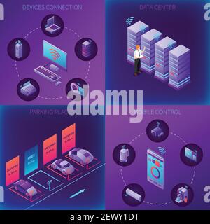 Iot business office isometric concept with devices connection data center parking and mobile control isolated vector illustration Stock Vector