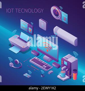 Iot technology isometric composition with office equipment and electronic personal gadgets on gradient background vector illustration Stock Vector