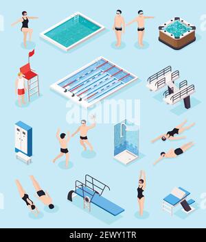 Swimming pool isometric set with equipment symbols isolated vector illustration Stock Vector