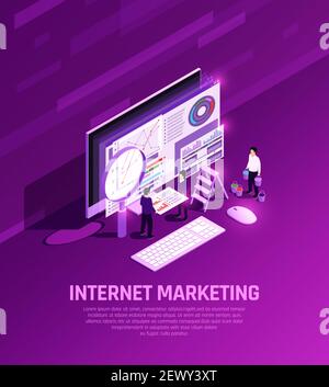 Marketing concept isometric glow composition with conceptual images of desktop computer elements magnifying glass and people vector illustration Stock Vector