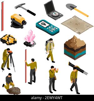 Geologist tools supplies gear accessories isometric icons set with minerals hardness kit map compass hammer vector illustration Stock Vector