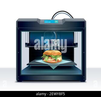 Realistic composition with process of burger 3d printing vector illustration Stock Vector