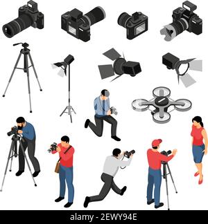 Professional photographer equipment isometric icons collection with studio portrait photo shoots camera light drone isolated vector illustration Stock Vector