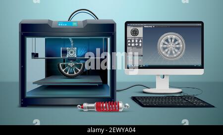 Isometric composition with computer and 3d printing process vector illustration Stock Vector