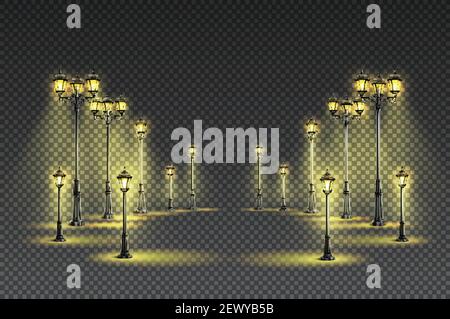 Outdoor garden street classical yellow lighting with big and small lanterns dark transparent background realistic vector illustration Stock Vector