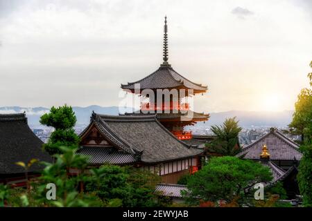 Kiyomizu-dera buddhism temple and Kyoto city skyline in Japan, East Asia. Kiyomizu-dera is the famous landmark attracting tourist who visit Kyoto Stock Photo