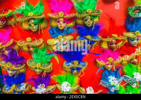 Small Venetian Masks Magnets Venice Italy Used since the 1200s at Carnival for Carnival to hide identity.  Also Mardi Gras Stock Photo