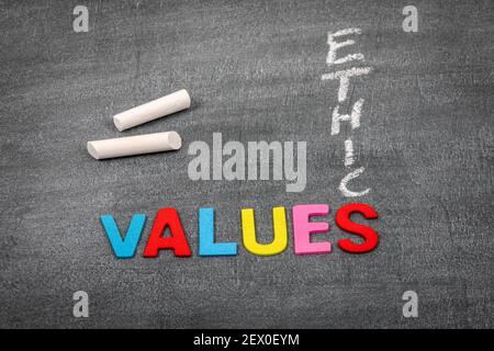 Values and Ethic concept. Colored letters of the alphabet on a dark chalk board.. Stock Photo