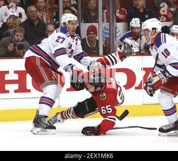 New York Rangers defenseman Ryan Lindgren (55) during warm up before an NHL  hockey game against the Calgary Flames, Monday, Feb. 6, 2023, in New York.  (AP Photo/Noah K. Murray Stock Photo - Alamy