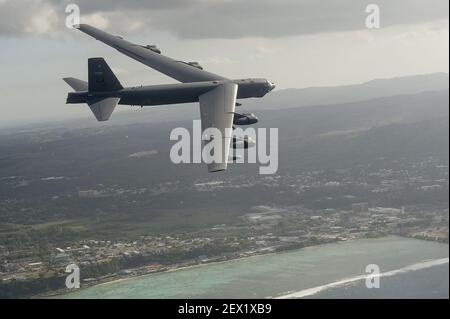A U.S. Air Force B-52H Stratofortress from the 96th Expeditionary Bomb Squadron, flies off the coast of Guam during a photo exercise at Cope North 15, Feb. 17, 2015. Through training exercises such as Exercise Cope North 15, the U.S., Japan and Australia air forces develop combat capabilities, enhancing air superiority, electronic warfare, air interdiction, tactical airlift and aerial refueling. (Photo by Tech. Sgt. Jason Robertson/U.S. Air Force)