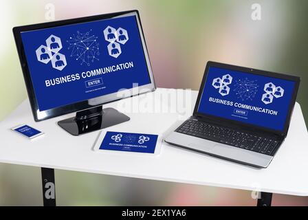Business communication concept shown on different information technology devices Stock Photo