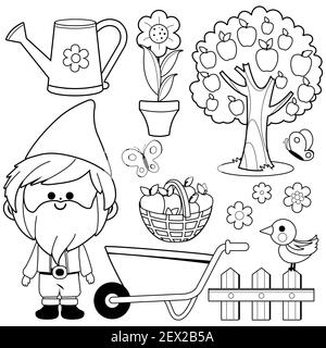 Spring gardening illustration collection with garden gnome. Black and white coloring book page Stock Photo