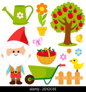 Spring gardening illustration collection with garden gnome. Stock Photo