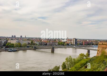 A beautiful shot of the Novi Sad city in Serbia. Famous Bridge on a lake with the cityscape Stock Photo