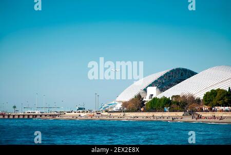 Russia - January 1 2021 Sochi Olympic Park. Embankment of Adler, Stadium Fisht Stock Photo