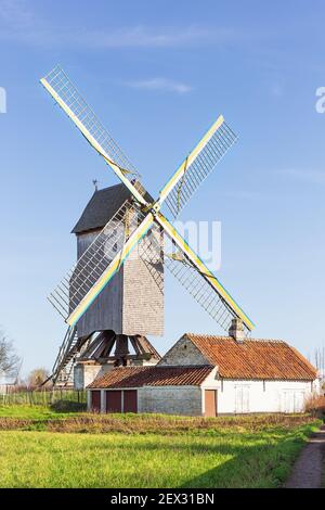 View of the protected windmill called 't Meuleken in Zingem, a village in the Flemish Ardennes Stock Photo