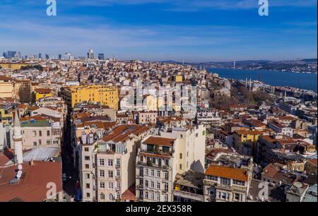 Istanbul, Turkey - February 2, 2021 - beautiful panoramic aerial view of the skylines of the Asian and European sides of Istanbul with the Bosphorus S Stock Photo