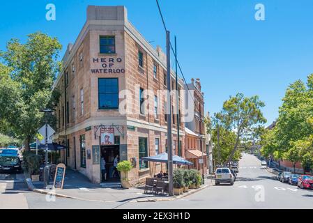 Built in 1843-44 The Hero of Waterloo Hotel in Millers Point is one of Sydney's oldest continual operation hotels. Stock Photo