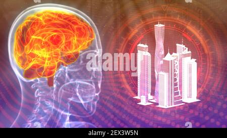 human brain stricken by city stress, cg industrial 3d illustration Stock Photo