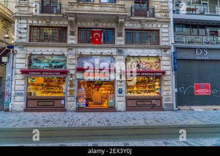 Istanbul, Turkey - February 1, 2021 - Turkish delight delicacy food store in the famous Istiklal shopping street Stock Photo