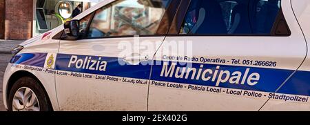 Italian Polizia Municipale car (Local Police). Keeping safety in historic center of Bologna. Stock Photo
