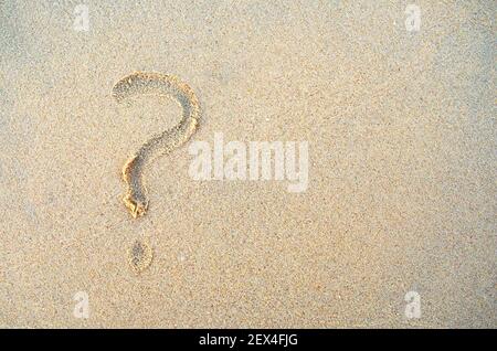 Question mark on beach sand with copy space. Question sign is written on a sand. Stock Photo