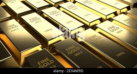 Investment, banking and business concept: 3d rendering fine gold bars on brick wall background. Many shiny ingots. Treasure blocks for wealth Stock Photo