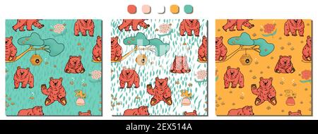 Set of Seamless repeat patterns of hand drawn walking and sitting bears honey, forget me nots, beehive, smell of honey, tree branch, bees. Vector outl Stock Vector