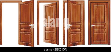 Modern wooden opened and closed door in different positions realistic set isolated vector Illustration Stock Vector