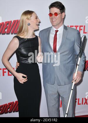 (L-R) Deborah Ann Woll and E.J. Scott arrives at the 'Marvel's Daredevil' Los Angeles Premiere held at the Regal Cinemas LA Live in Los Angeles, CA on Thursday, April 2, 2015. (Photo By Sthanlee B. Mirador) *** Please Use Credit from Credit Field ***