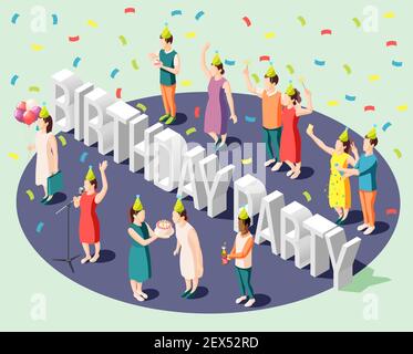 Birthday party isometric design concept with small happy people standing around big header letters vector illustration Stock Vector