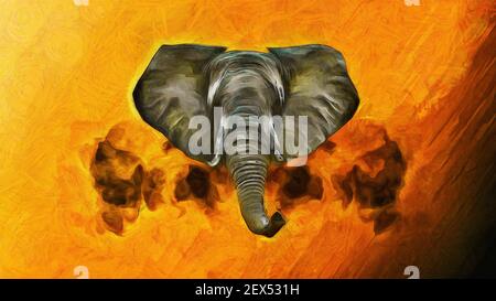 The head of an elephant against the background of a cloud of smoke. Artistic work on the theme of animals Stock Photo