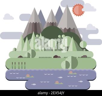 Sunny day landscape illustration in flat style with mountains, forest and water. Background for summer camp, nature tourism, camping or hiking design Stock Vector