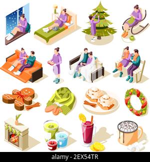 Cozy winter isometric icons with home comfort hobbies festive food and decorations isolated vector illustration Stock Vector