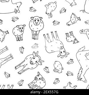 Black white Seamless pattern of cute doodle outline vector cartoon animals at the farm. Sheep, ram, cow, bull, calf, chicken, rooster, goat mother and Stock Vector