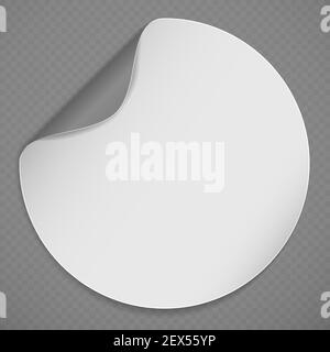Set of white and colorful round stickers with folded corner on grey background Stock Vector