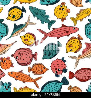Bright Seamless pattern of Doodle isolated pink yellow blue outline cartoon vector fish, tang, flounder, tuna, ocean burrfish, sea marlin. Illustratio Stock Vector