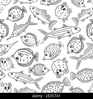 Black white Seamless animal Doodle pattern. Set of isolated outline cartoon vector fish, tang, flounder, tuna, ocean burrfish, sea marlin. Illustratio Stock Vector