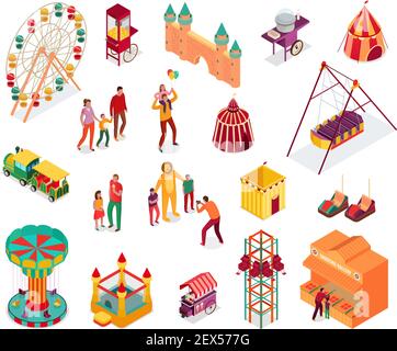 Amusement park isometric elements. Ferris wheel and circus tent ...