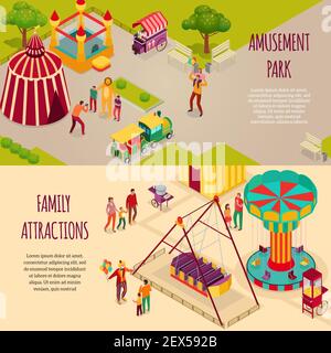 Amusement park circus artists and family attractions set of horizontal isometric banners isolated vector illustration Stock Vector