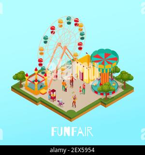 Fun fair with visitors circus performance and attractions on blue background isometric vector illustration Stock Vector