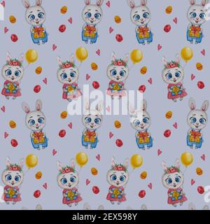 Seamless patterns with cute animal - hares. Bunny girl with balloon and boy with a gift on a light blue background with hearts and Easter eggs. Waterc Stock Photo