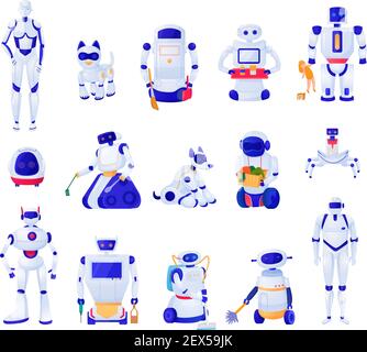 Set of artificial intelligence machines of various shape robots pets and household helpers isolated vector illustration Stock Vector