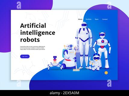Artificial intelligence robots concept of web banner on blue white background vector illustration Stock Vector