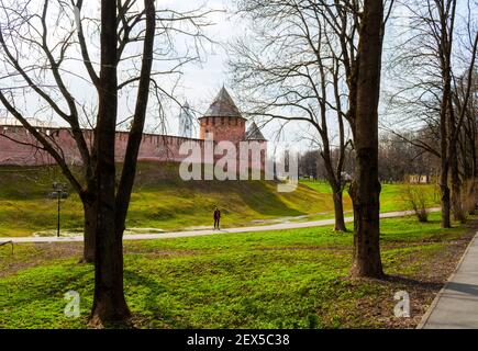 Veliky Novgorod, Russia - April 29, 2018. Kremlin fortress in sunny day. Towers of Veliky Novgorod Kremlin fortress Stock Photo